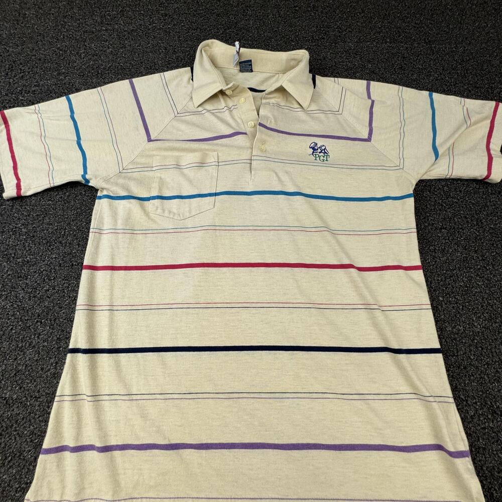 Vtg Classic Designs Polo Shirt Mens L Beige Short Sleeve Collared Striped Pocket